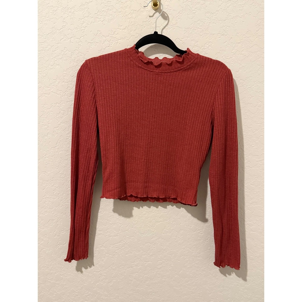 Shein Womens Burgandy Ribbed Lettuce Edge Mock Neck Long Sleeve Crop Top Large